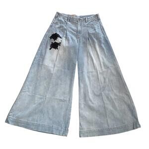 Pilcro Light Blue Wide-Leg Jeans with Black Floral Detail